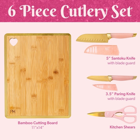 BNIB!Paris Hilton 6pc Stainless Steel Cutlery Set Bamboo Rev Cutting Board,Pink - Picture 4 of 10
